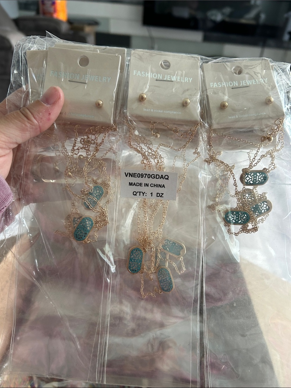 4/$50 Fashion Jewelry Gold-Tone Necklace & Earring Set in Teal